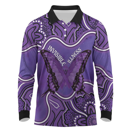 Australia Lupus Awareness Month Personalised Long Sleeve Polo Shirt Butterfly Purple Ribbon Invisible Illness Indigenous Art