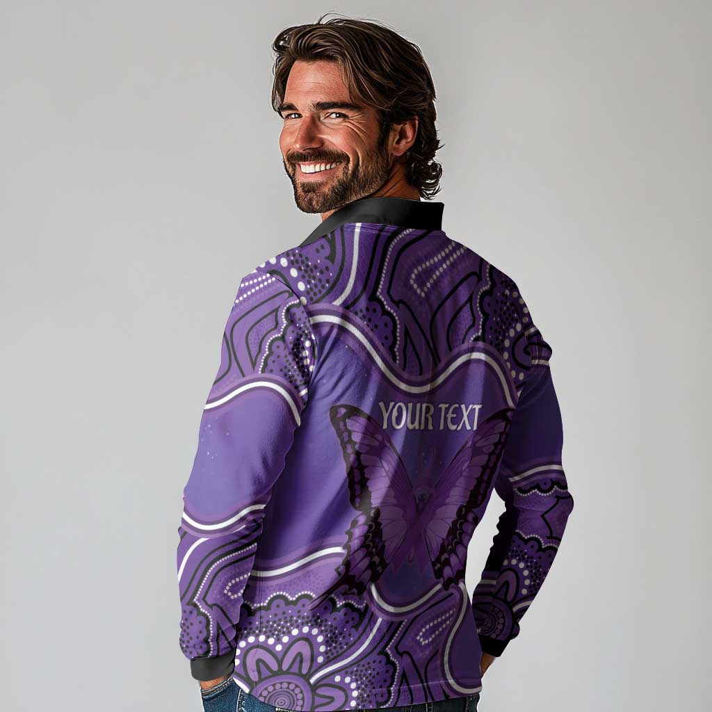 Australia Lupus Awareness Month Personalised Long Sleeve Polo Shirt Butterfly Purple Ribbon Invisible Illness Indigenous Art