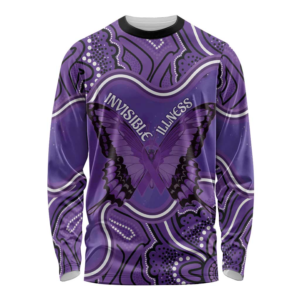 Australia Lupus Awareness Month Personalised Long Sleeve Shirt Butterfly Purple Ribbon Invisible Illness Indigenous Art