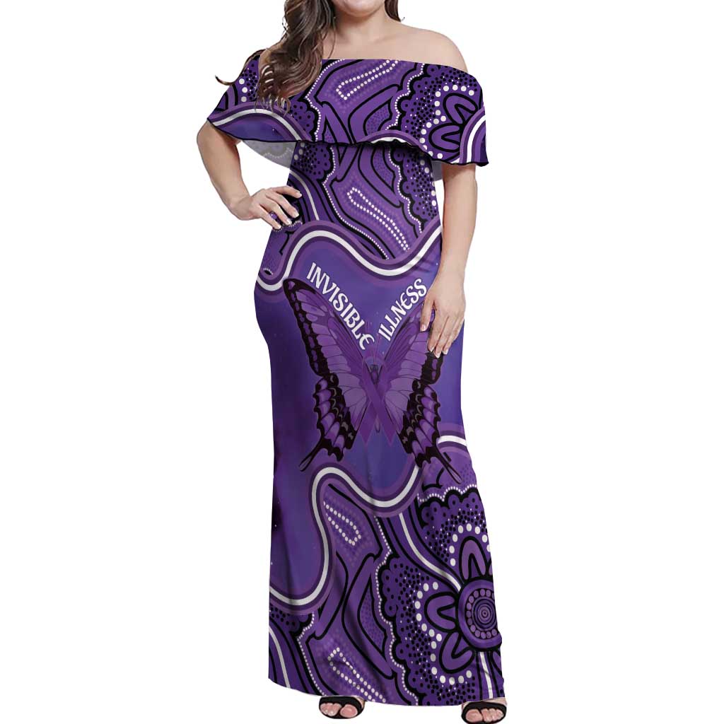 Australia Lupus Awareness Month Personalised Off Shoulder Maxi Dress Butterfly Purple Ribbon Invisible Illness Indigenous Art