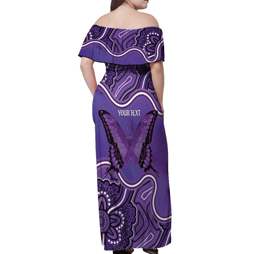 Australia Lupus Awareness Month Personalised Off Shoulder Maxi Dress Butterfly Purple Ribbon Invisible Illness Indigenous Art