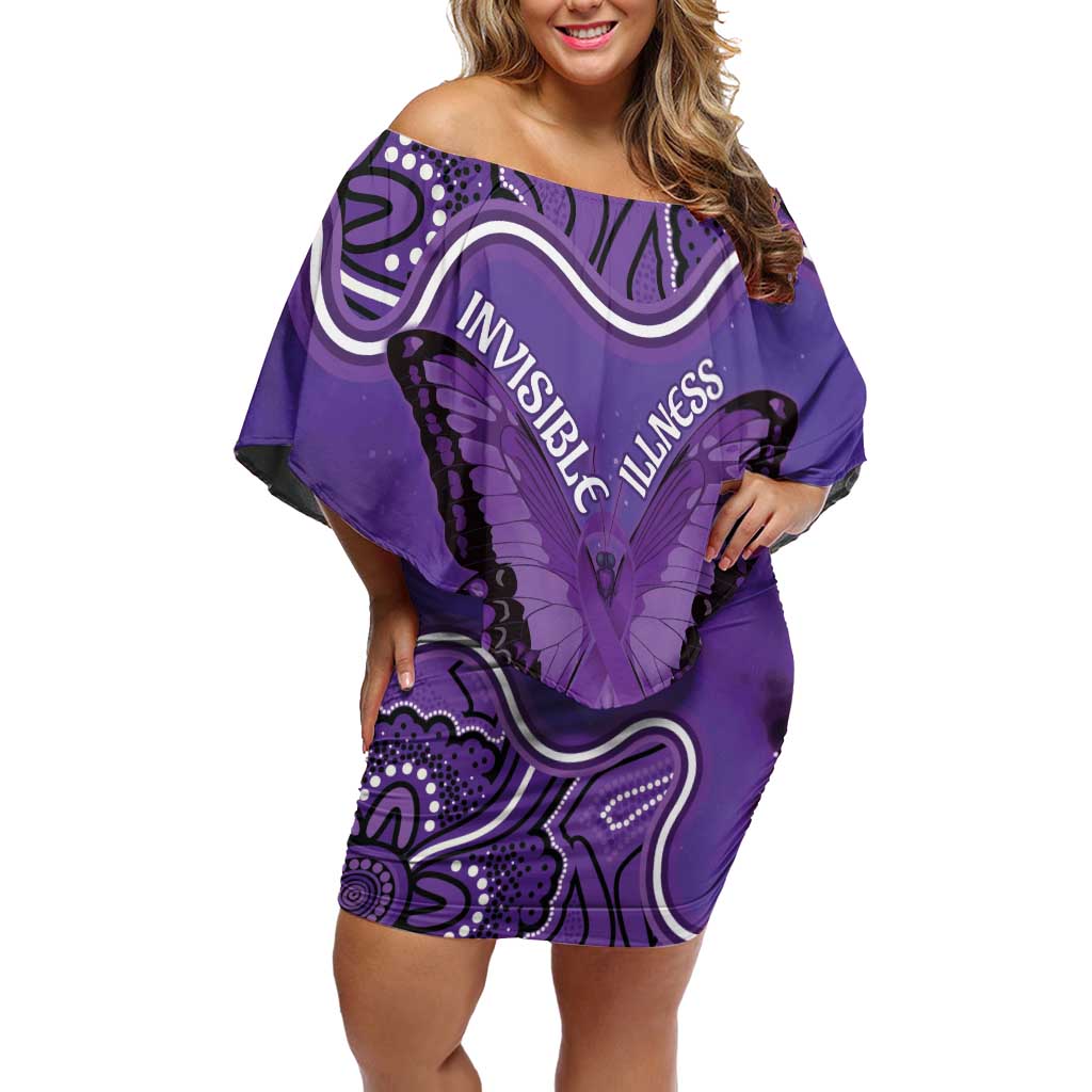 Australia Lupus Awareness Month Personalised Off Shoulder Short Dress Butterfly Purple Ribbon Invisible Illness Indigenous Art