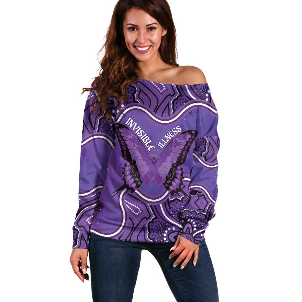 Australia Lupus Awareness Month Personalised Off Shoulder Sweater Butterfly Purple Ribbon Invisible Illness Indigenous Art