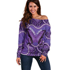 Australia Lupus Awareness Month Personalised Off Shoulder Sweater Butterfly Purple Ribbon Invisible Illness Indigenous Art
