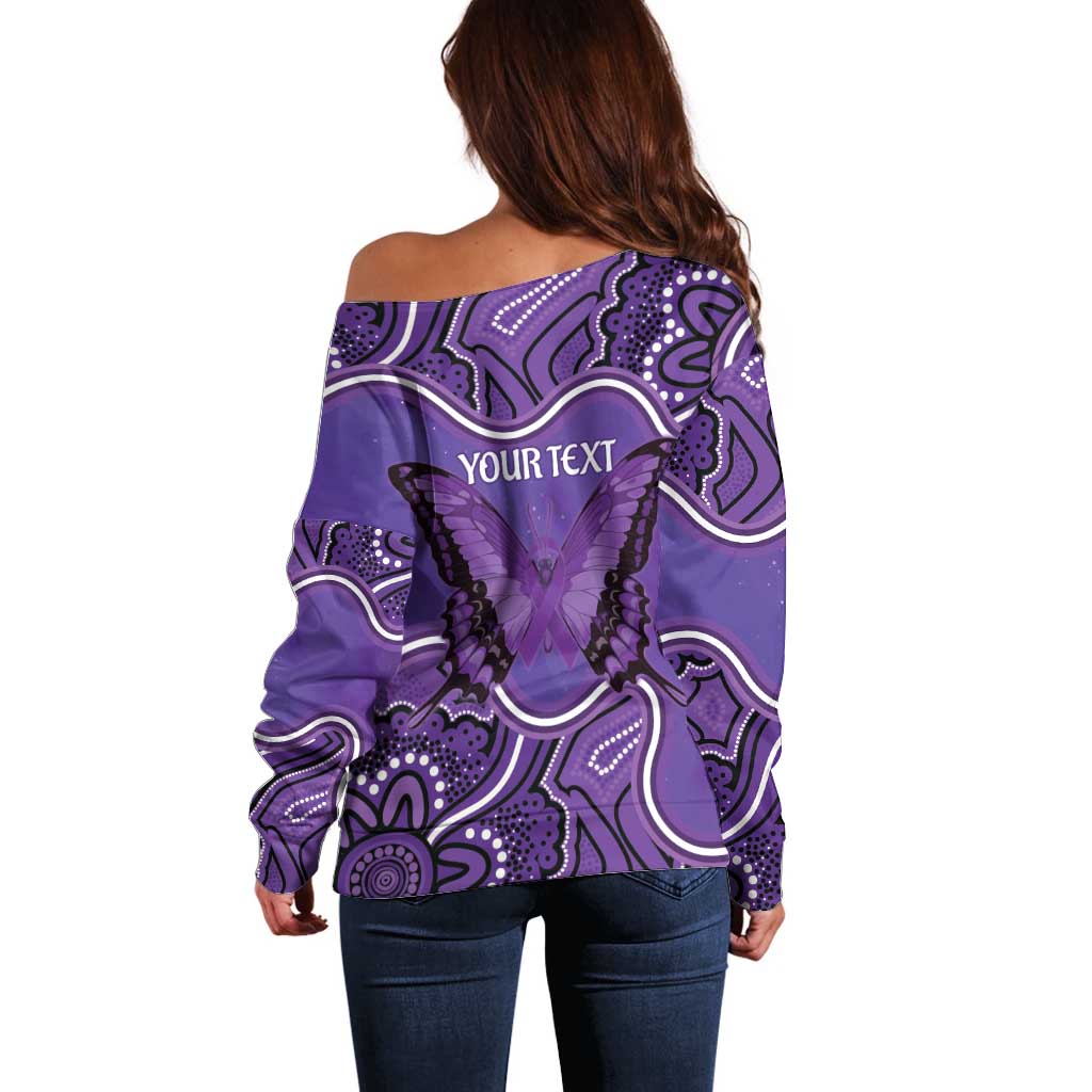 Australia Lupus Awareness Month Personalised Off Shoulder Sweater Butterfly Purple Ribbon Invisible Illness Indigenous Art