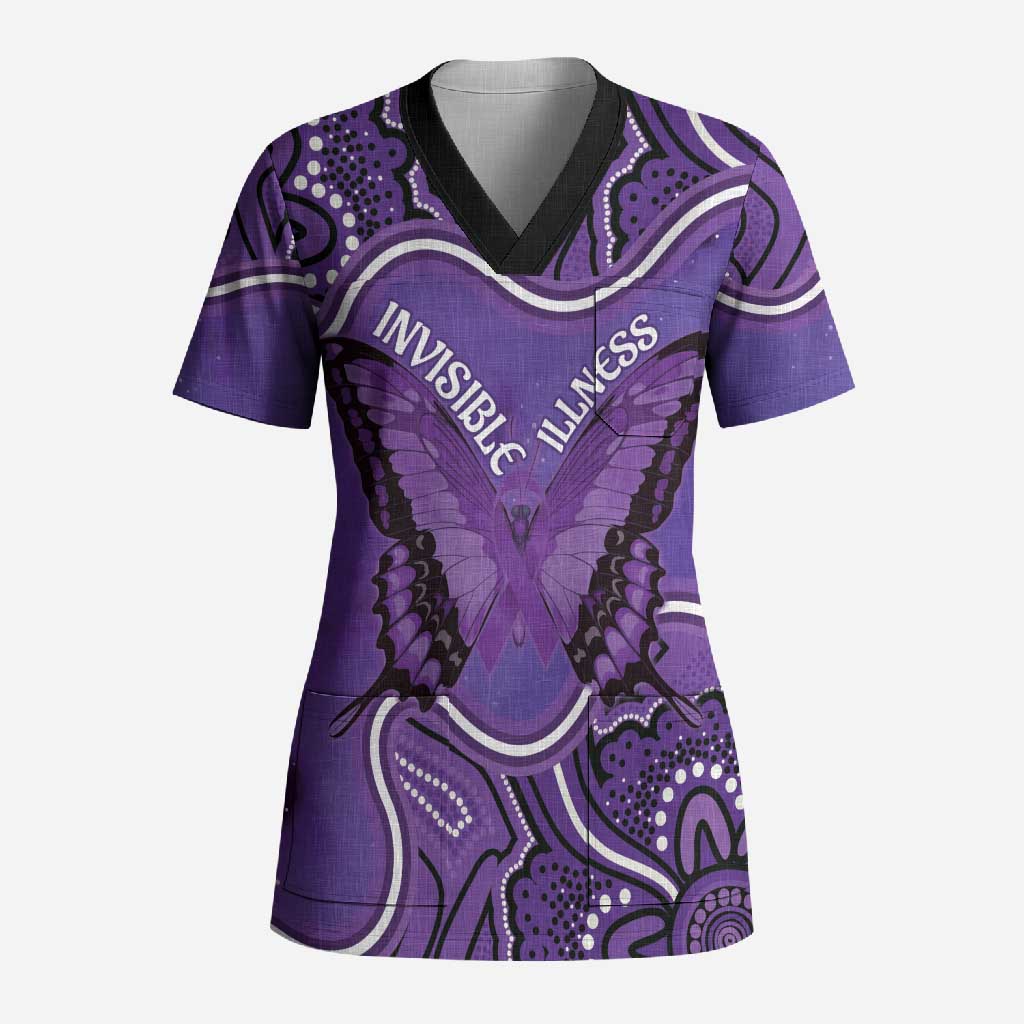 Australia Lupus Awareness Month Personalised Scrub Top Butterfly Purple Ribbon Invisible Illness Indigenous Art