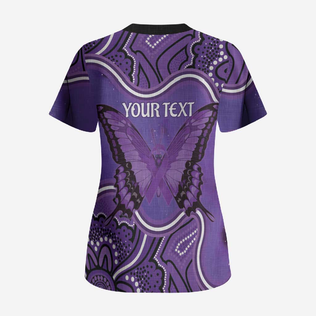 Australia Lupus Awareness Month Personalised Scrub Top Butterfly Purple Ribbon Invisible Illness Indigenous Art