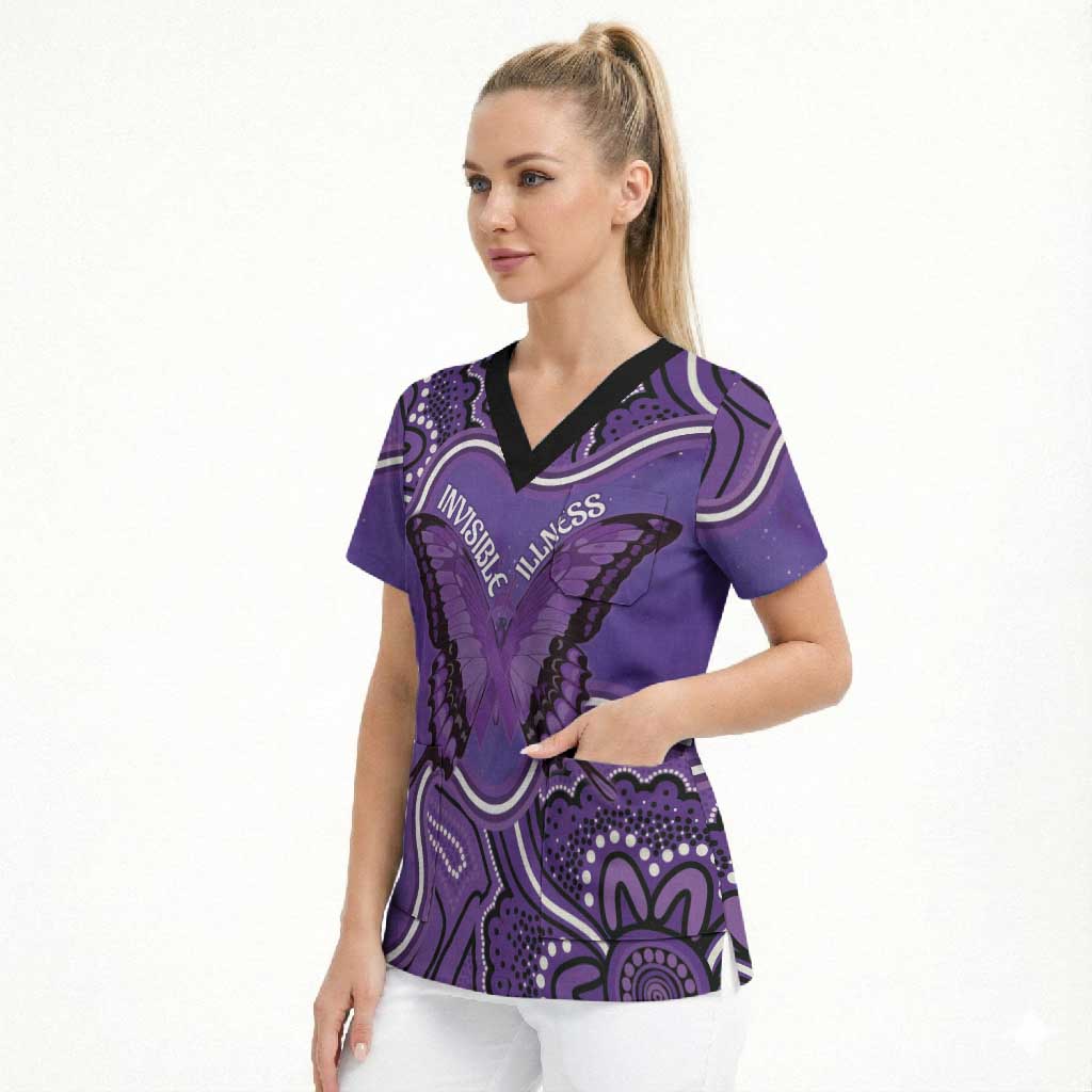 Australia Lupus Awareness Month Personalised Scrub Top Butterfly Purple Ribbon Invisible Illness Indigenous Art
