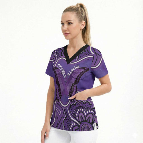 Australia Lupus Awareness Month Personalised Scrub Top Butterfly Purple Ribbon Invisible Illness Indigenous Art