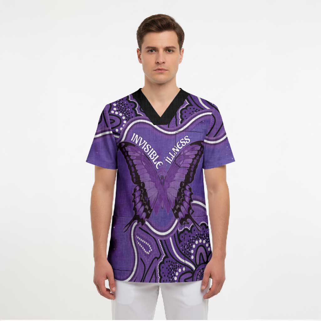 Australia Lupus Awareness Month Personalised Scrub Top Butterfly Purple Ribbon Invisible Illness Indigenous Art