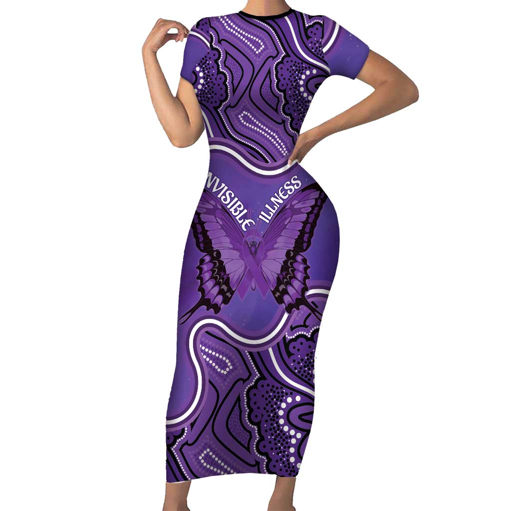 Australia Lupus Awareness Month Personalised Short Sleeve Bodycon Dress Butterfly Purple Ribbon Invisible Illness Indigenous Art