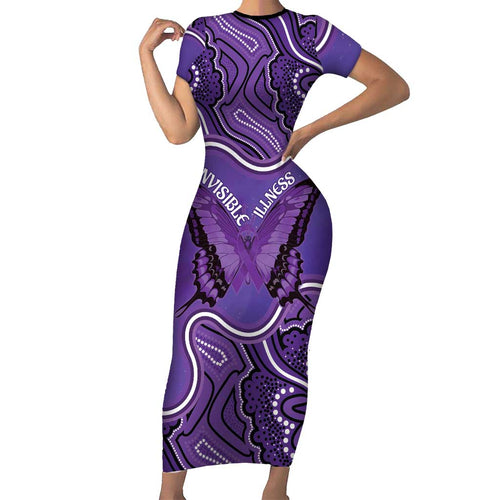 Australia Lupus Awareness Month Personalised Short Sleeve Bodycon Dress Butterfly Purple Ribbon Invisible Illness Indigenous Art