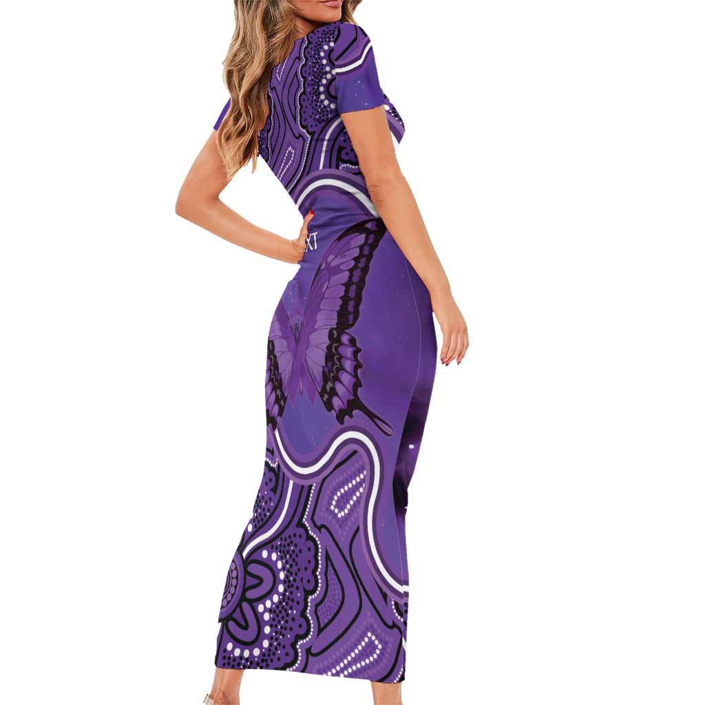 Australia Lupus Awareness Month Personalised Short Sleeve Bodycon Dress Butterfly Purple Ribbon Invisible Illness Indigenous Art