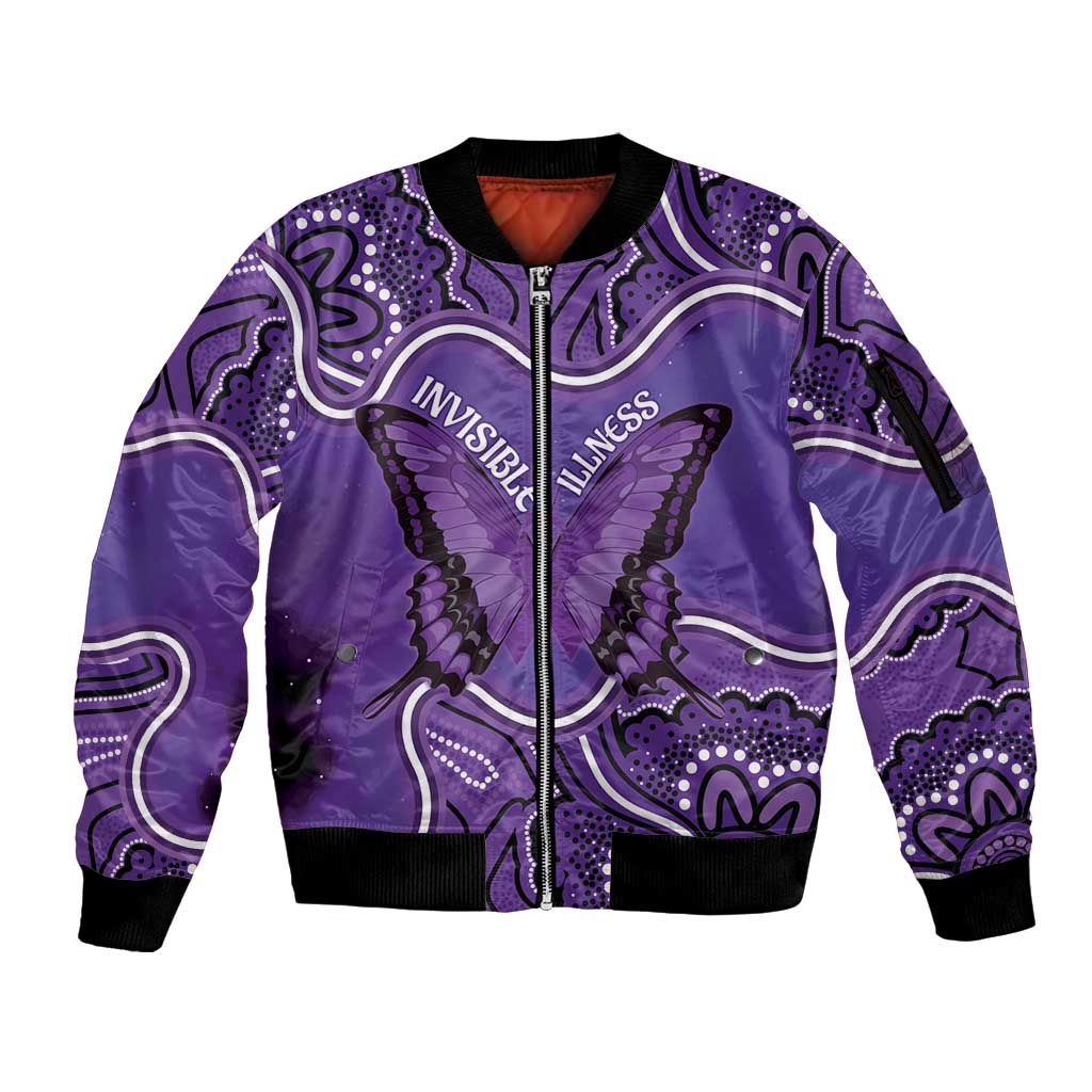 Australia Lupus Awareness Month Personalised Sleeve Zip Bomber Jacket Butterfly Purple Ribbon Invisible Illness Indigenous Art