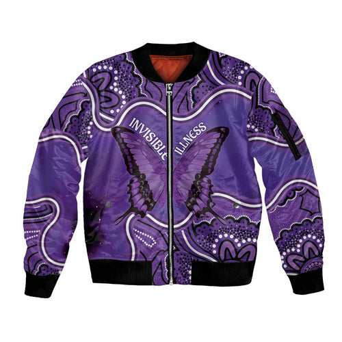 Australia Lupus Awareness Month Personalised Sleeve Zip Bomber Jacket Butterfly Purple Ribbon Invisible Illness Indigenous Art