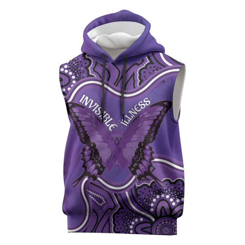 Australia Lupus Awareness Month Personalised Sleeveless Hoodie Butterfly Purple Ribbon Invisible Illness Indigenous Art