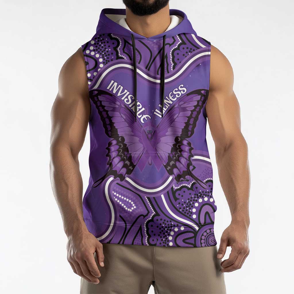 Australia Lupus Awareness Month Personalised Sleeveless Hoodie Butterfly Purple Ribbon Invisible Illness Indigenous Art