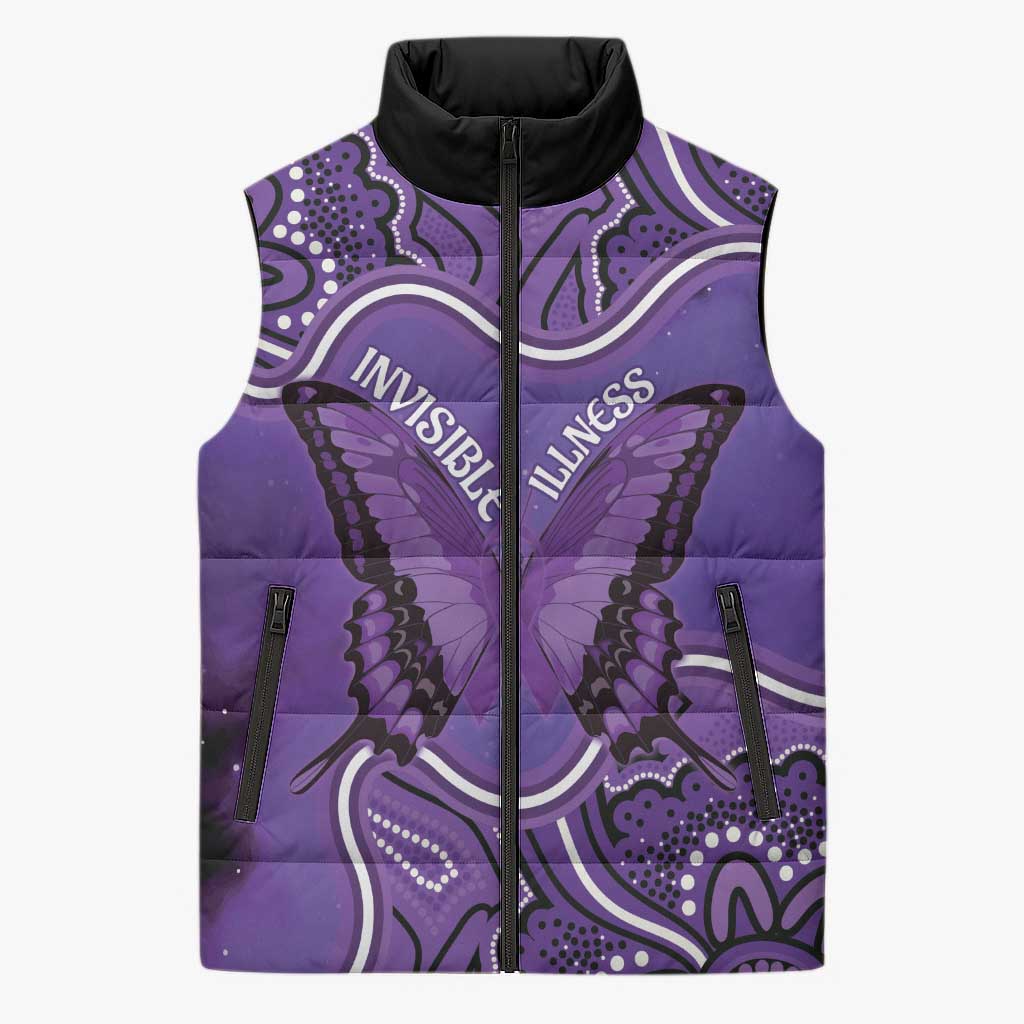 Australia Lupus Awareness Month Personalised Sleeveless Puffer Jacket Butterfly Purple Ribbon Invisible Illness Indigenous Art
