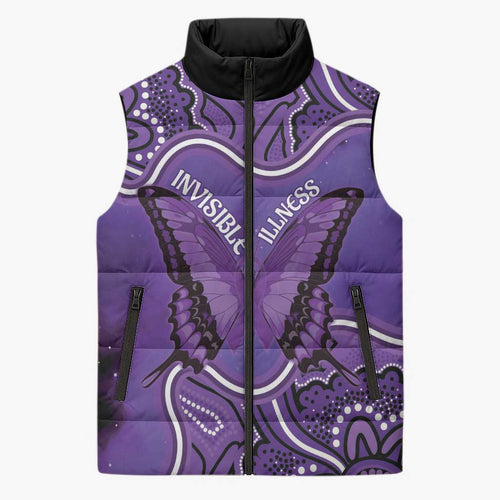 Australia Lupus Awareness Month Personalised Sleeveless Puffer Jacket Butterfly Purple Ribbon Invisible Illness Indigenous Art