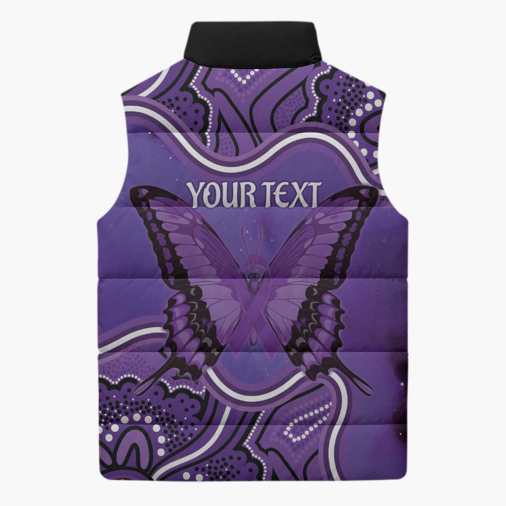 Australia Lupus Awareness Month Personalised Sleeveless Puffer Jacket Butterfly Purple Ribbon Invisible Illness Indigenous Art