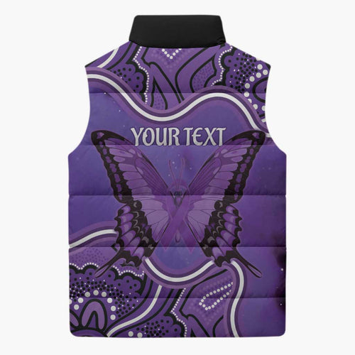 Australia Lupus Awareness Month Personalised Sleeveless Puffer Jacket Butterfly Purple Ribbon Invisible Illness Indigenous Art