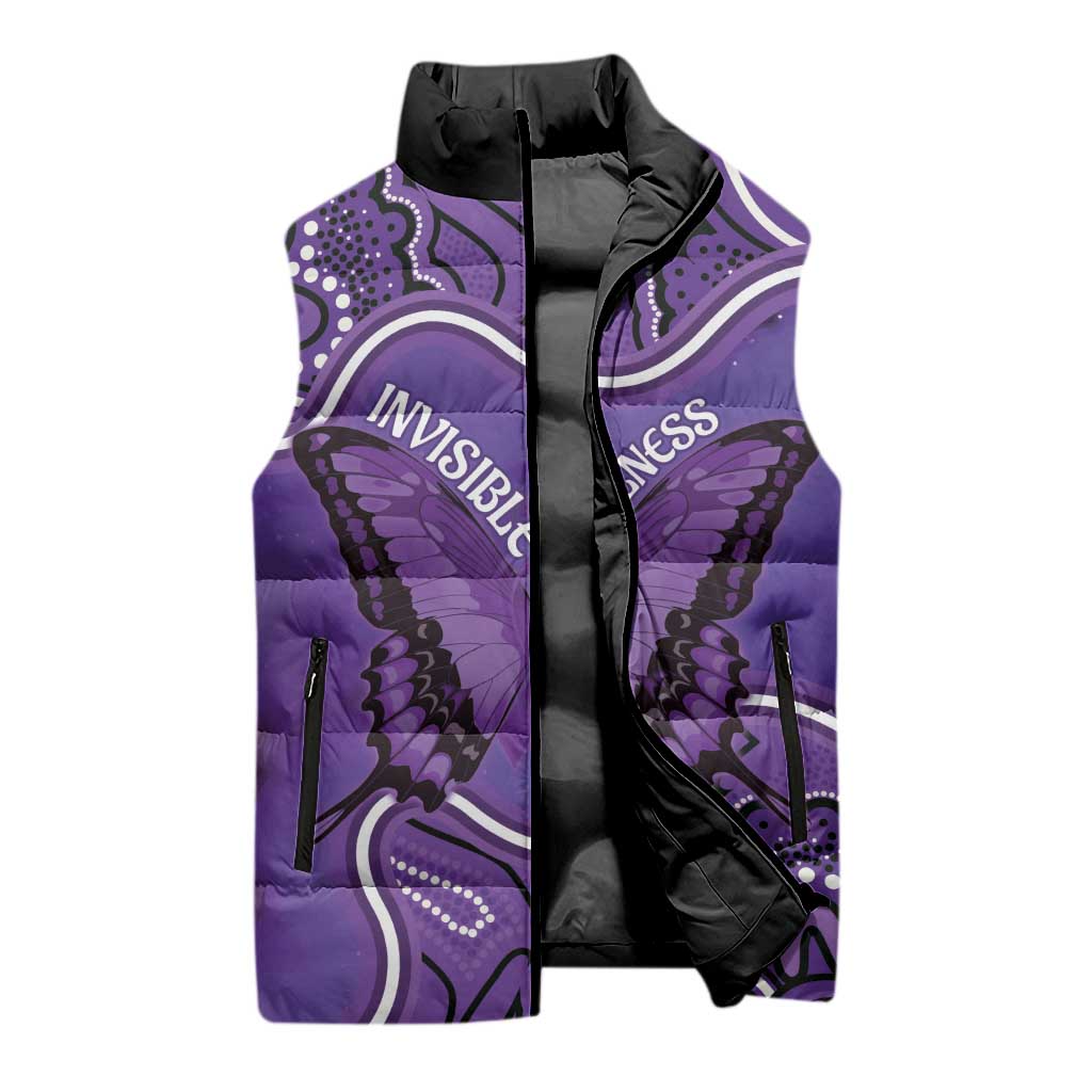 Australia Lupus Awareness Month Personalised Sleeveless Puffer Jacket Butterfly Purple Ribbon Invisible Illness Indigenous Art