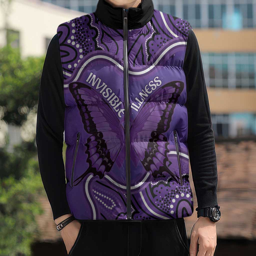 Australia Lupus Awareness Month Personalised Sleeveless Puffer Jacket Butterfly Purple Ribbon Invisible Illness Indigenous Art