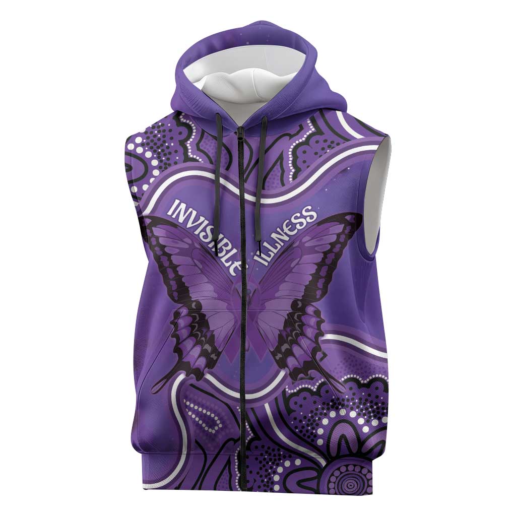 Australia Lupus Awareness Month Personalised Sleeveless Zip Hoodie Butterfly Purple Ribbon Invisible Illness Indigenous Art