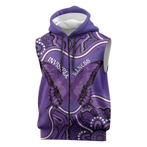 Australia Lupus Awareness Month Personalised Sleeveless Zip Hoodie Butterfly Purple Ribbon Invisible Illness Indigenous Art