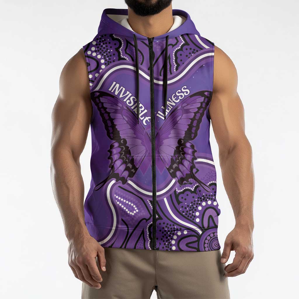 Australia Lupus Awareness Month Personalised Sleeveless Zip Hoodie Butterfly Purple Ribbon Invisible Illness Indigenous Art