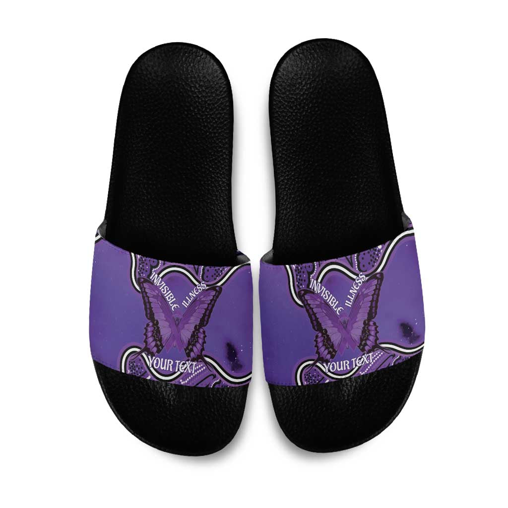 Australia Lupus Awareness Month Personalised Slide Sandals Butterfly Purple Ribbon Invisible Illness Indigenous Art