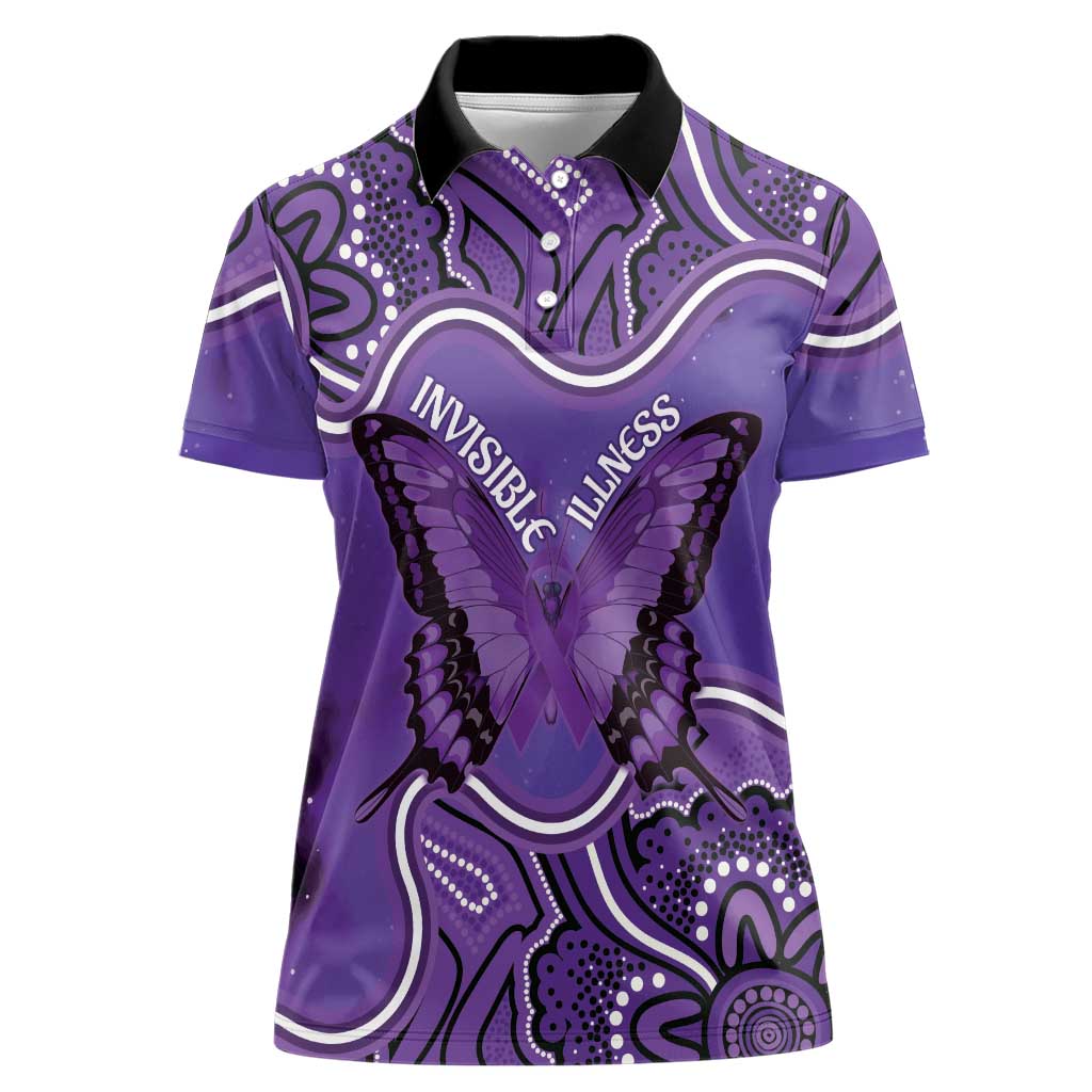 Australia Lupus Awareness Month Personalised Women Polo Shirt Butterfly Purple Ribbon Invisible Illness Indigenous Art