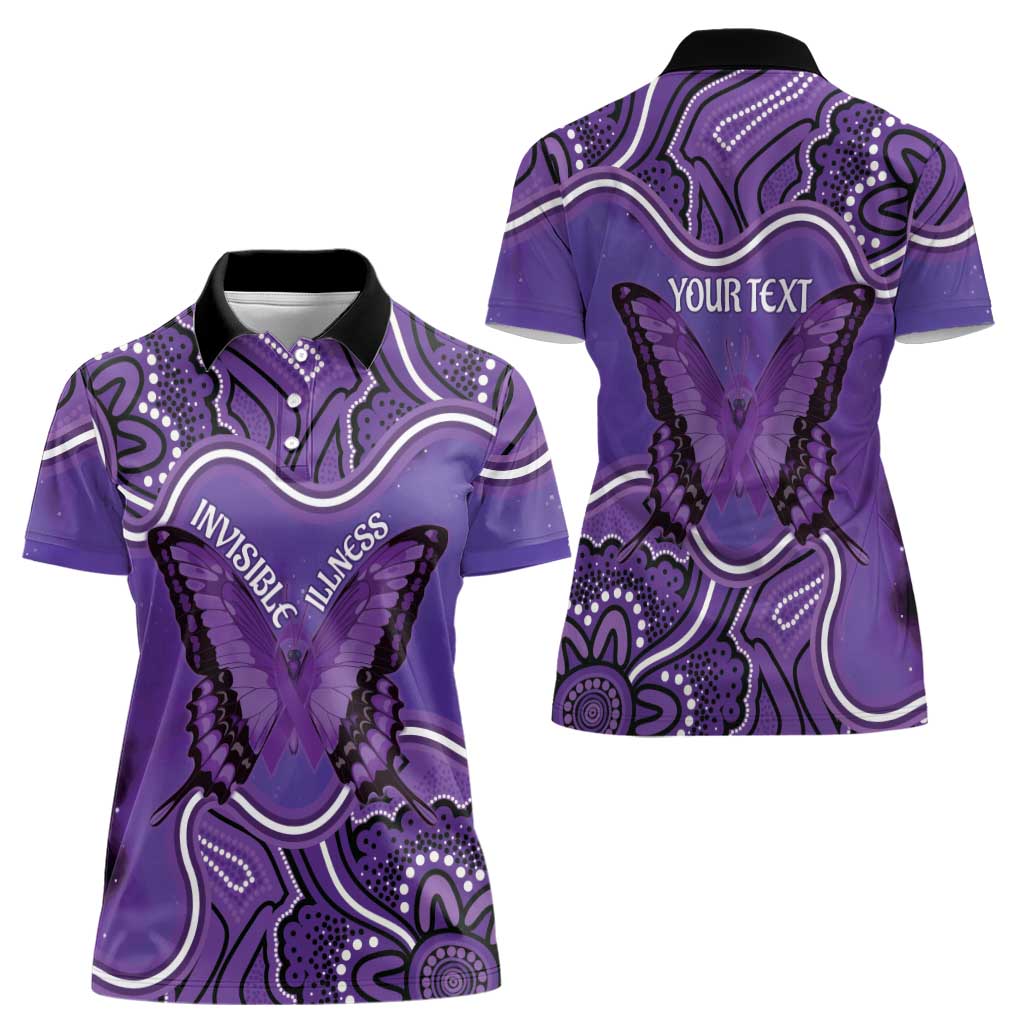 Australia Lupus Awareness Month Personalised Women Polo Shirt Butterfly Purple Ribbon Invisible Illness Indigenous Art