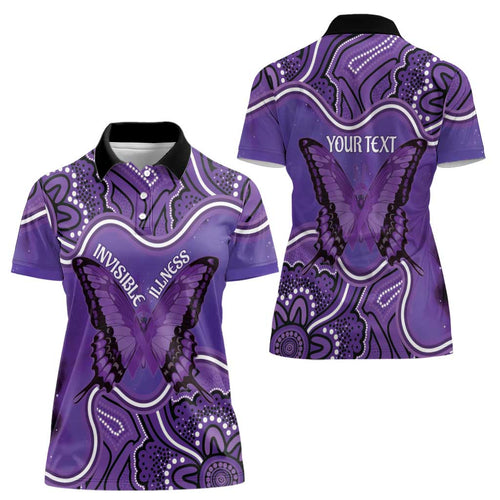 Australia Lupus Awareness Month Personalised Women Polo Shirt Butterfly Purple Ribbon Invisible Illness Indigenous Art