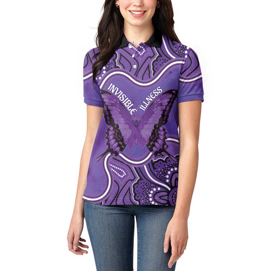Australia Lupus Awareness Month Personalised Women Polo Shirt Butterfly Purple Ribbon Invisible Illness Indigenous Art