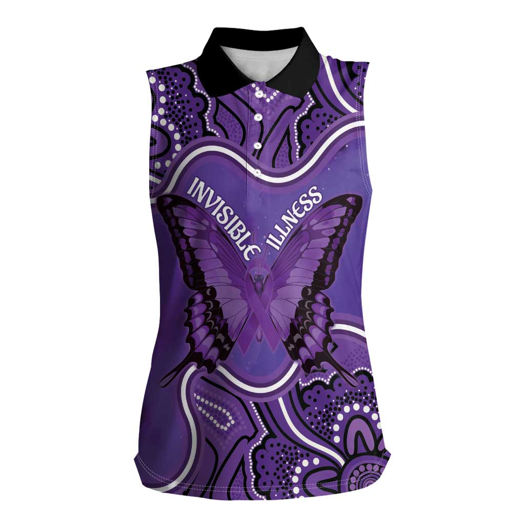 Australia Lupus Awareness Month Personalised Women Sleeveless Polo Shirt Butterfly Purple Ribbon Invisible Illness Indigenous Art