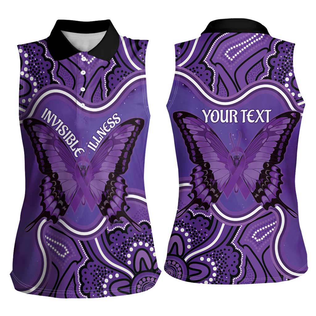 Australia Lupus Awareness Month Personalised Women Sleeveless Polo Shirt Butterfly Purple Ribbon Invisible Illness Indigenous Art