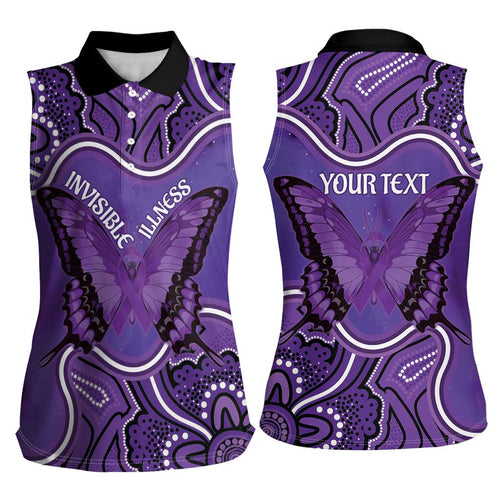 Australia Lupus Awareness Month Personalised Women Sleeveless Polo Shirt Butterfly Purple Ribbon Invisible Illness Indigenous Art
