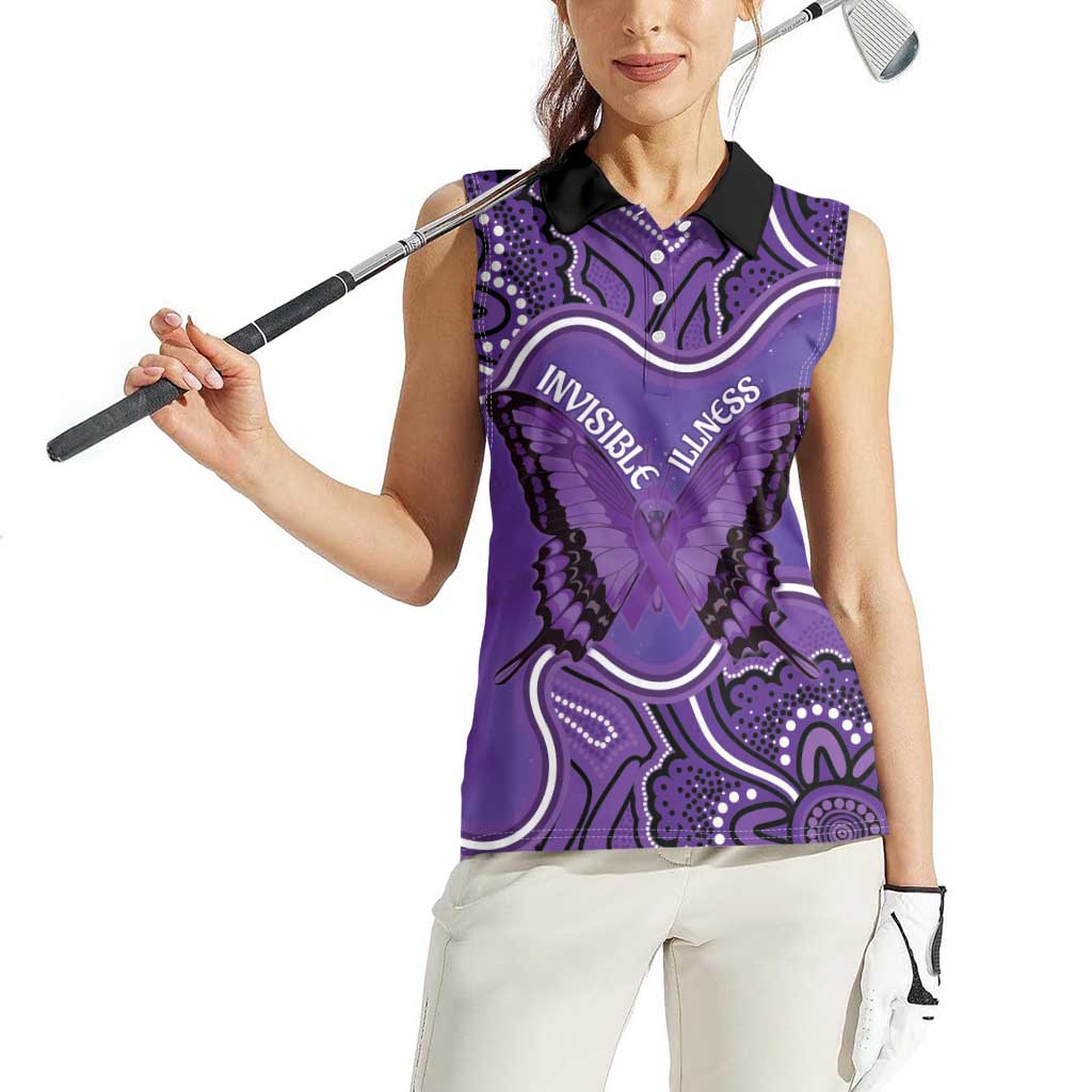 Australia Lupus Awareness Month Personalised Women Sleeveless Polo Shirt Butterfly Purple Ribbon Invisible Illness Indigenous Art