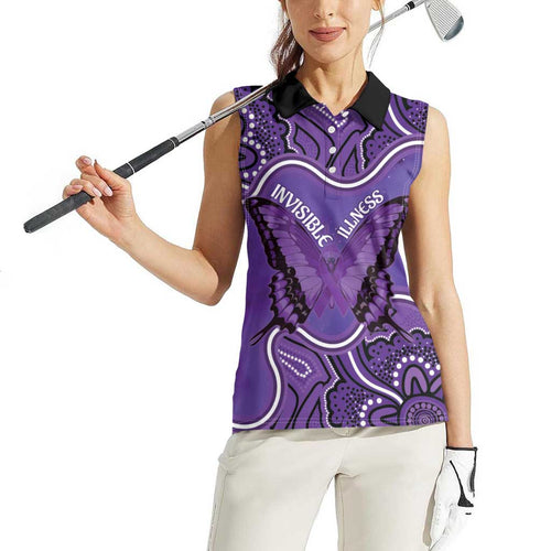Australia Lupus Awareness Month Personalised Women Sleeveless Polo Shirt Butterfly Purple Ribbon Invisible Illness Indigenous Art