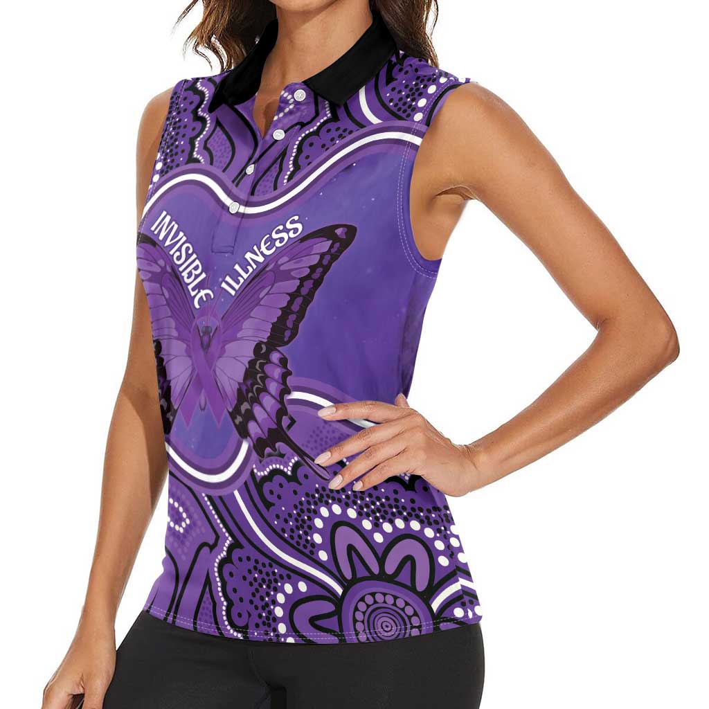 Australia Lupus Awareness Month Personalised Women Sleeveless Polo Shirt Butterfly Purple Ribbon Invisible Illness Indigenous Art