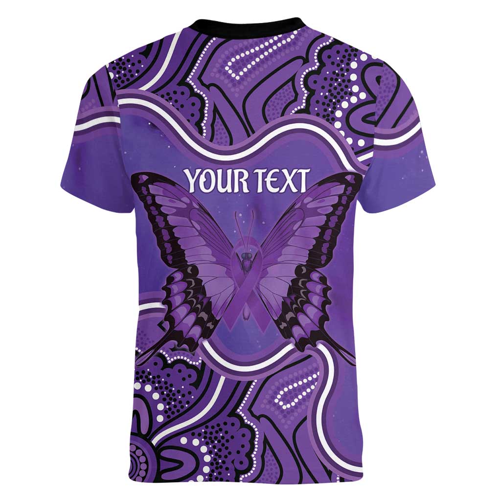Australia Lupus Awareness Month Personalised Women V-Neck T-Shirt Butterfly Purple Ribbon Invisible Illness Indigenous Art