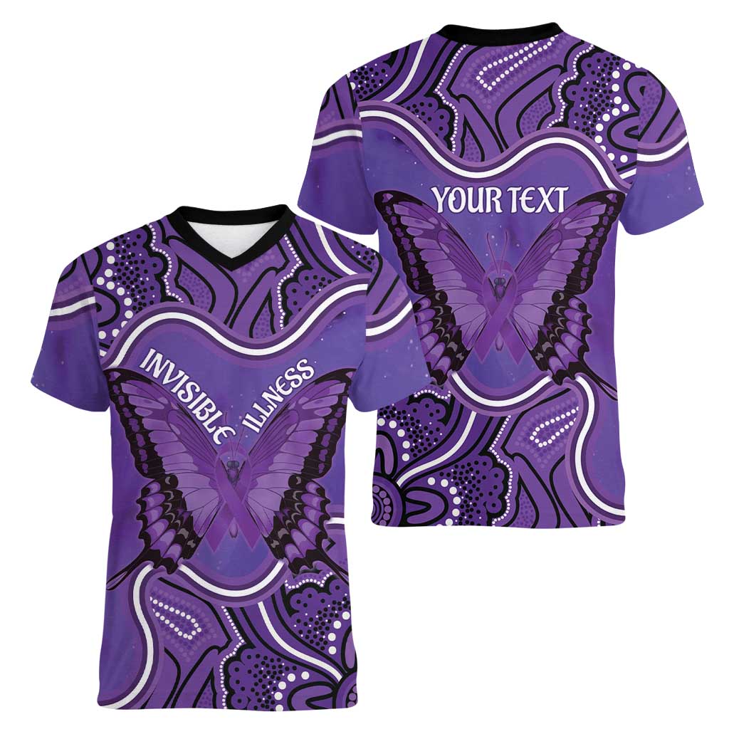 Australia Lupus Awareness Month Personalised Women V-Neck T-Shirt Butterfly Purple Ribbon Invisible Illness Indigenous Art