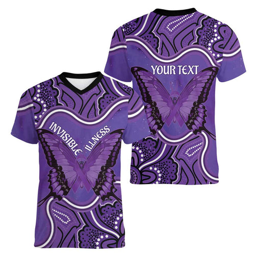 Australia Lupus Awareness Month Personalised Women V-Neck T-Shirt Butterfly Purple Ribbon Invisible Illness Indigenous Art