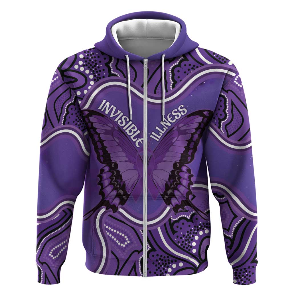 Australia Lupus Awareness Month Personalised Zip Hoodie Butterfly Purple Ribbon Invisible Illness Indigenous Art