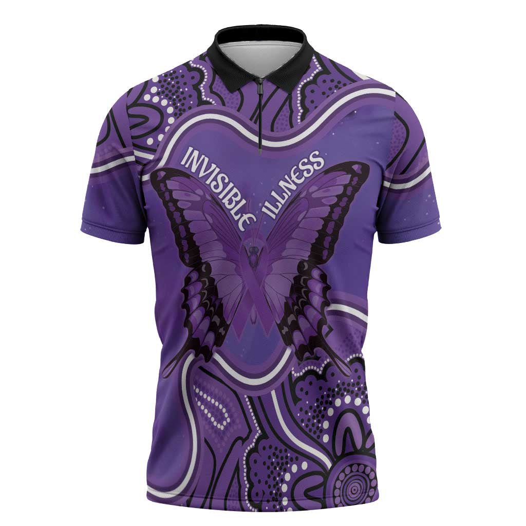 Australia Lupus Awareness Month Personalised Zipper Polo Shirt Butterfly Purple Ribbon Invisible Illness Indigenous Art