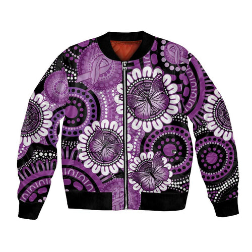 Australia Indigenous Butterflies Personalised Bomber Jacket Lupus Awareness Purple Ribbon Aboriginal Art