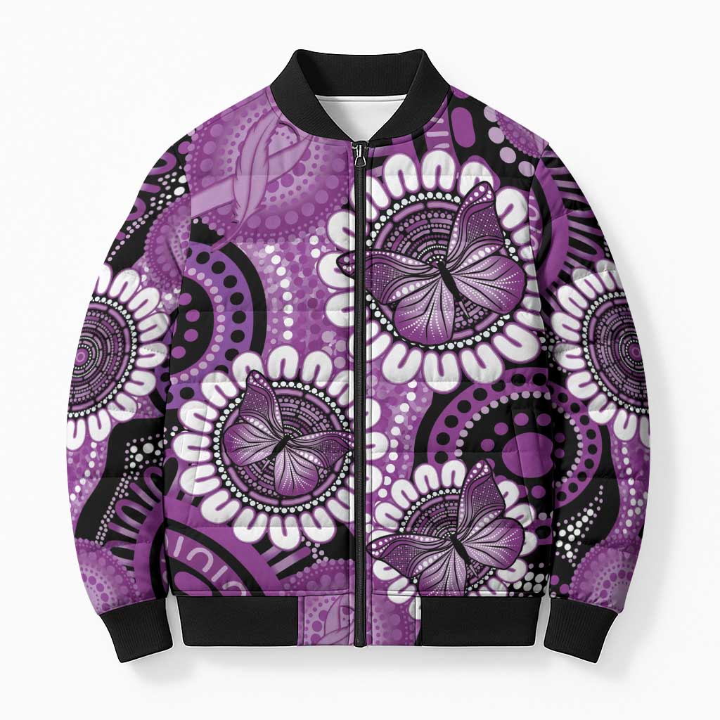 Australia Indigenous Butterflies Personalised Bomber Puffer Jacket Lupus Awareness Purple Ribbon Aboriginal Art