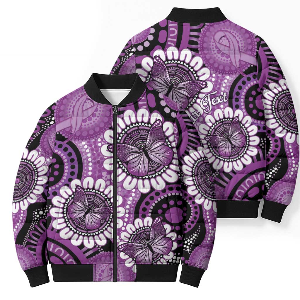 Australia Indigenous Butterflies Personalised Bomber Puffer Jacket Lupus Awareness Purple Ribbon Aboriginal Art