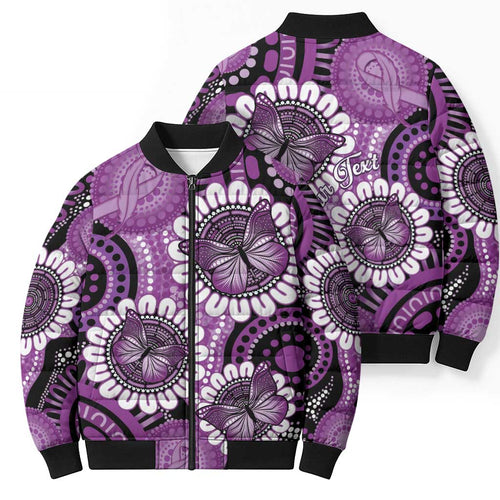 Australia Indigenous Butterflies Personalised Bomber Puffer Jacket Lupus Awareness Purple Ribbon Aboriginal Art